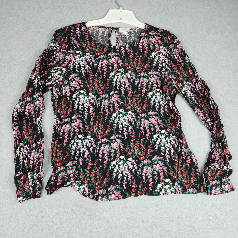 J.CREW Blouse Top Womens XS Black Multi Floral Viscose Keyhole Back Round Neck